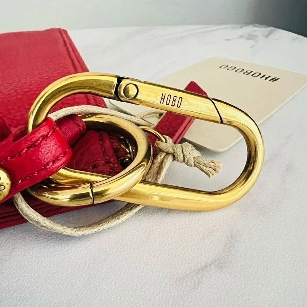 HOBO GO Tour Leather‎ Zip Pouch Bag, Wristlet, with Lanyard, Red/Gold, NWT